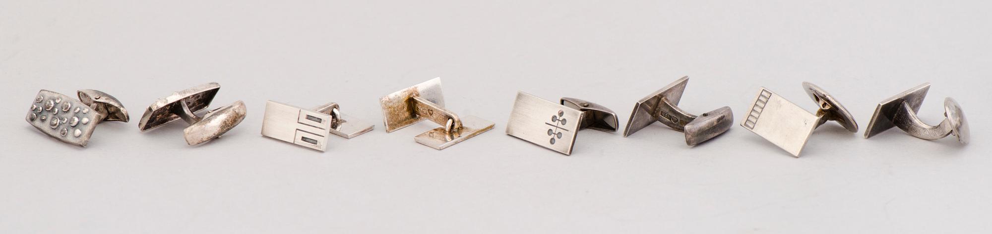 CUFFLINKS, 10 pairs, and TIEPINS, 3 pcs, silver. Finland 1960/70s.