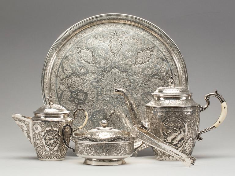 KAFFESERVIS, silver, 5 delar, utländska stämplar, Orienten.  1940-tal. Vikt ca 1580 g.