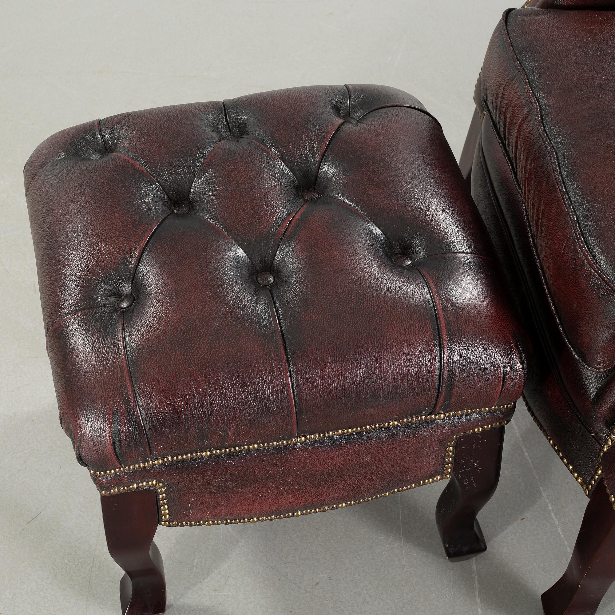 ARMCHAIR with STOOL, Chesterfield model, "Möbel Art", 20th century later part.