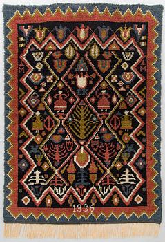 A Finnish long pile ryijy rug, model from Karkku, dated 1936. Ca. 159 x 114 cm.