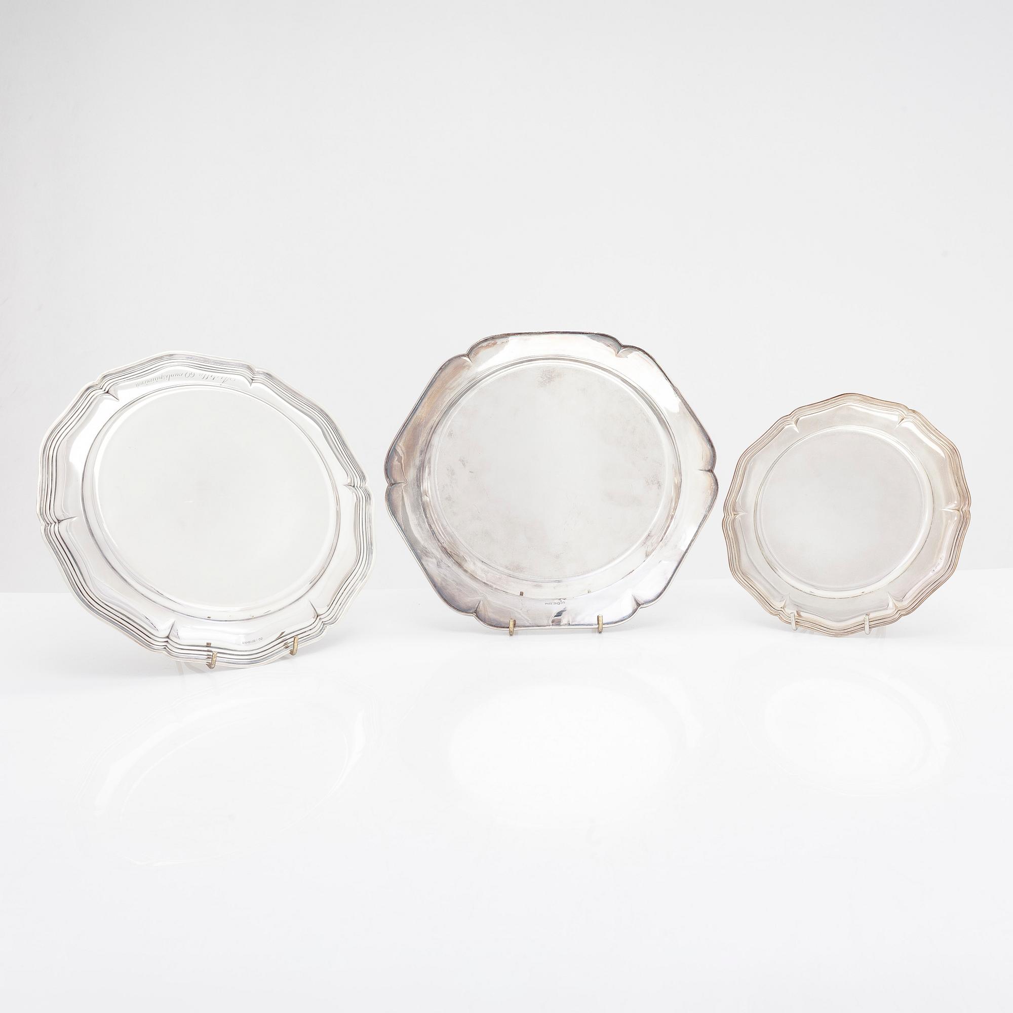 Three silver plates and a tray, Turku and Hämeenlinna, Finland 1956-95.