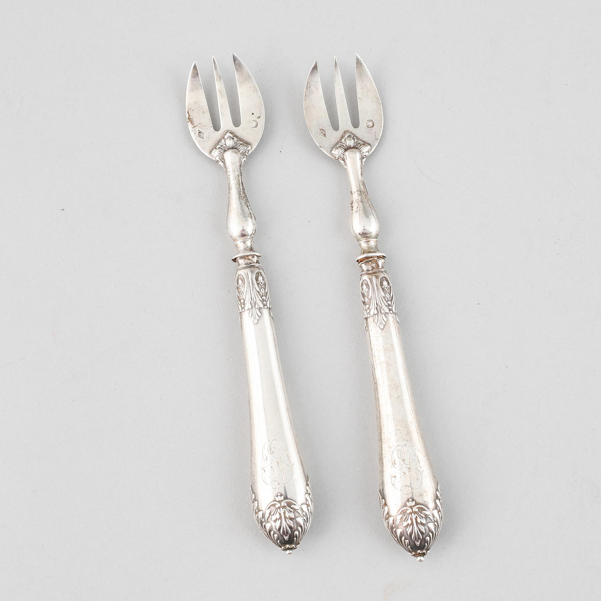 Ostrongafflar, 12 st, silver, Paris 1800-talets andra hälft.