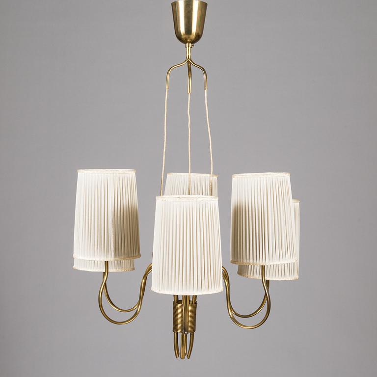 Paavo Tynell, a six-armed brass pendant ceiling light, Taito/ Idman, mid-20th century.