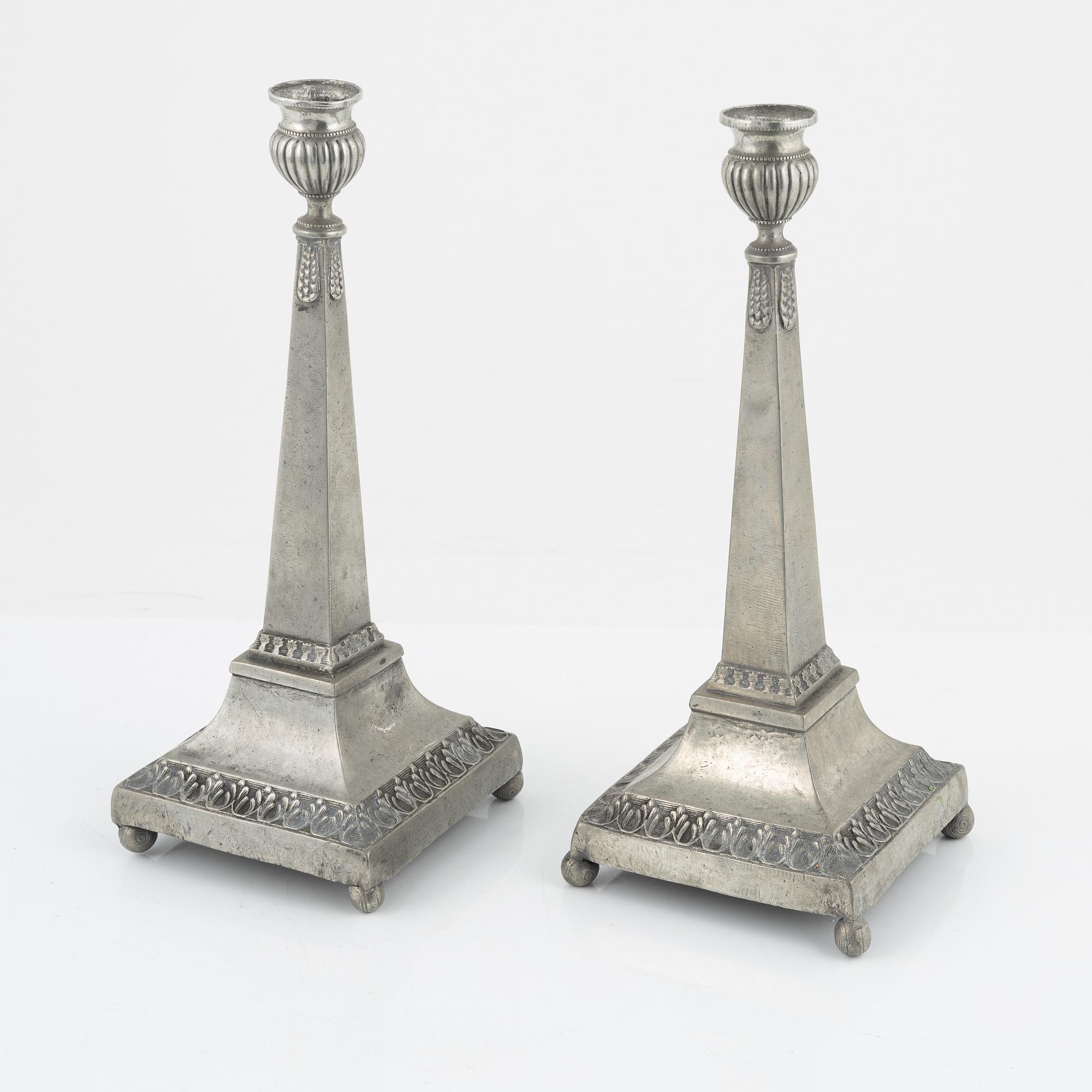 A pair of late Gustavian pewter candlesticks, mark of Magnus Bergman, Malmö 1809.
