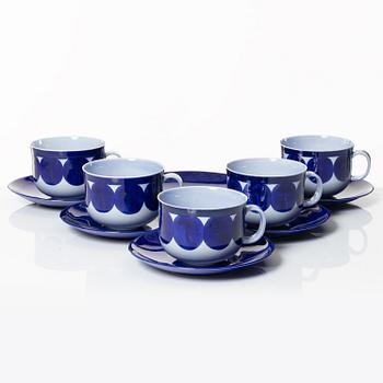 Lisa Larson, a set of five creamware teacups and six side plates, 'Matilda', K-Studion, Gustavsberg 1996.