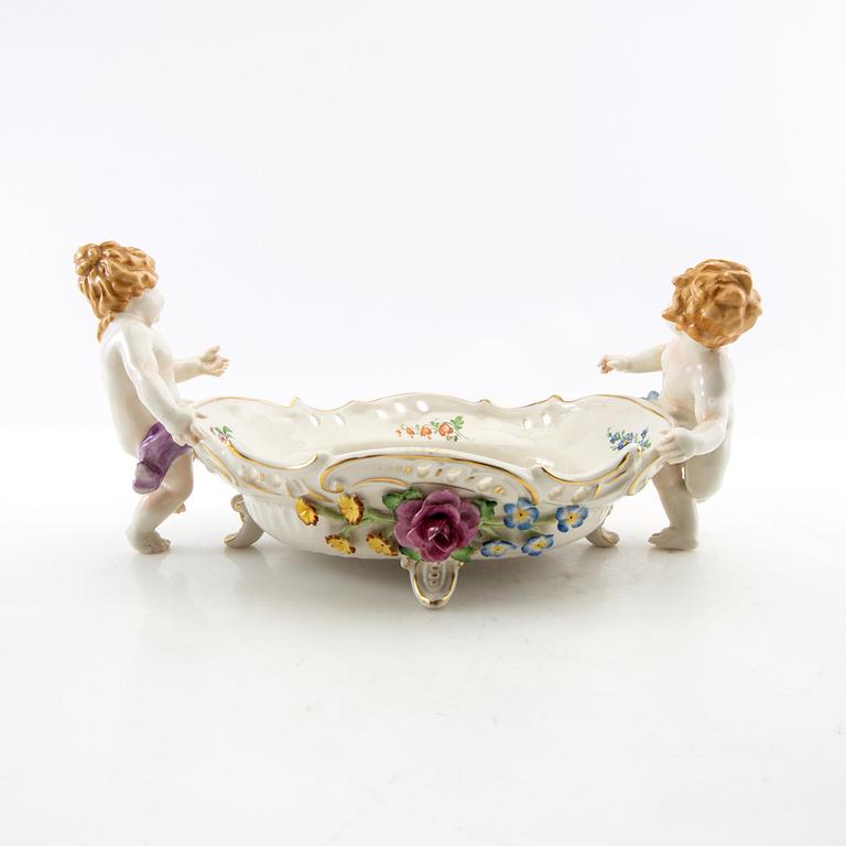 Bowl and candlesticks, a pair, Rococo style, Germany, first half of the 20th century, porcelain.