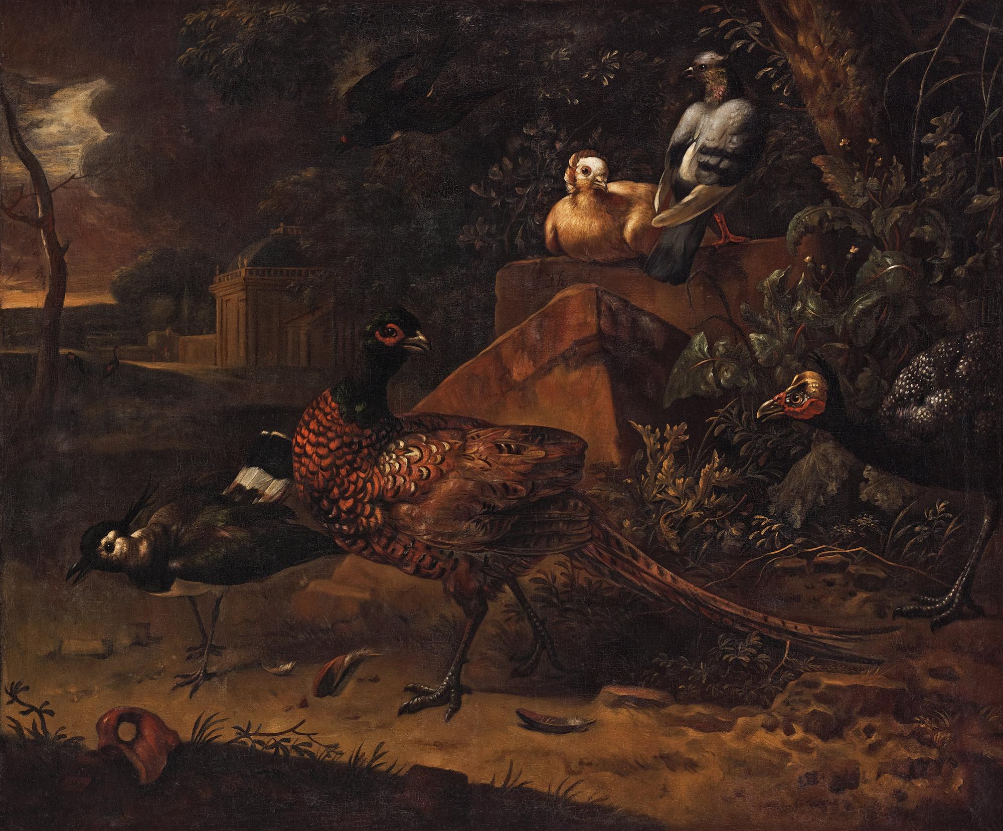 Melchior de Hondecoeter Hans art, Vilda fåglar i parklandskap.