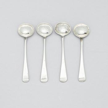Four English 18th century silver salt-cellars, mark of William Fountain & Daniel Pontifax, London 1791, and spoons.