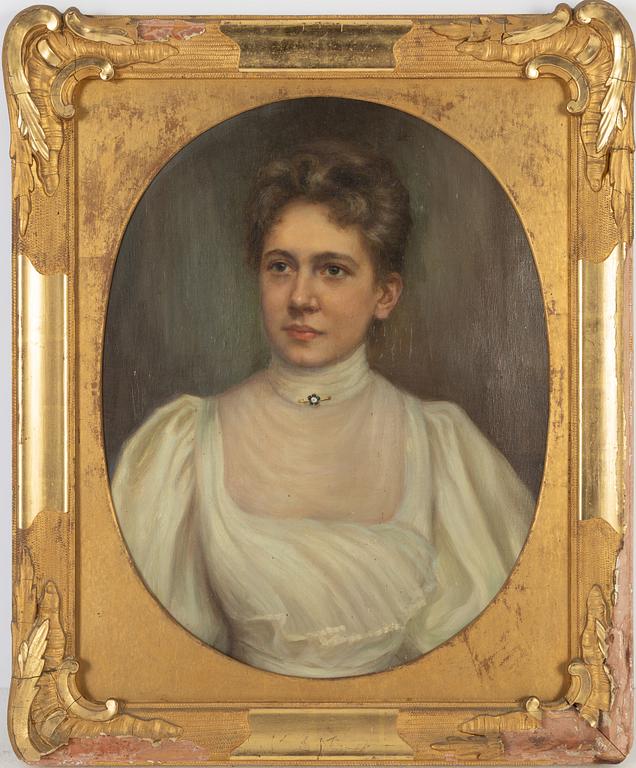 Okänd konstnär, porträtt av oidentifierad dam i släkten Nobel, olja på duk.