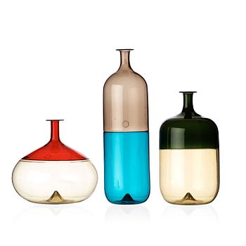 Tapio Wirkkala, a set of three bottle shaped vases, Venini, Italy 1987.