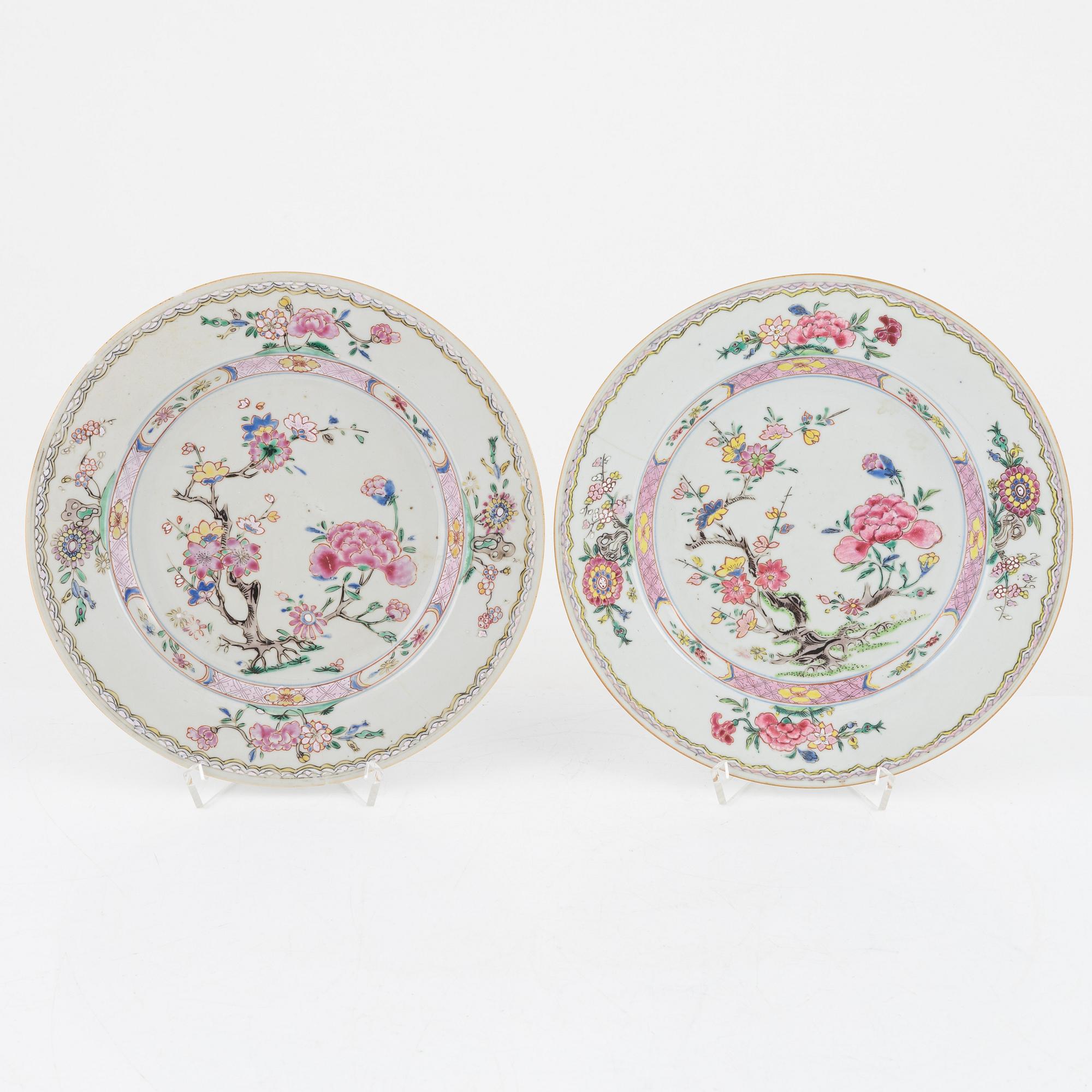 Three pairs of Famille rose plates, China, 18th century.