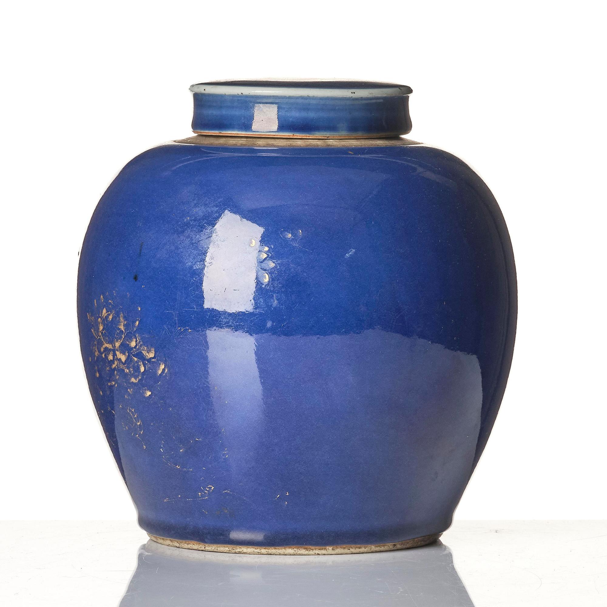 A powder blue jar with cover, Qing dynasty with Qianlong mark and of the period (1736-95).