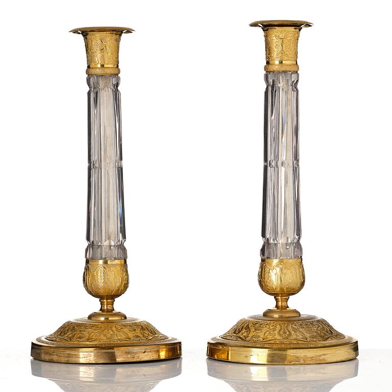 A pair of Russian ormolu and cut-glass Empire candlesticks, presumably St Petersburg, ca 1820.