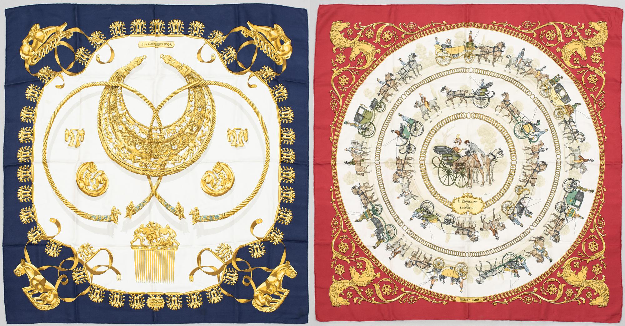 Hermès, scarves, two pieces, "La Promenade de Longchamps" & "Les Cavaliers d'Or".