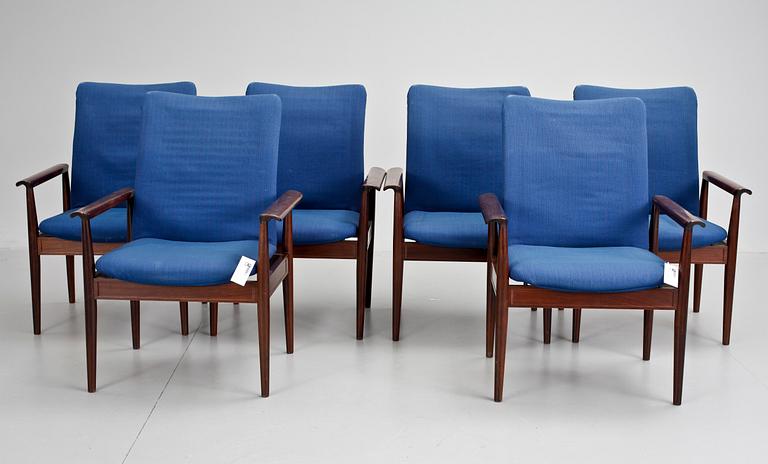 KARMSTOLAR, 6 st, "Diplomat", Finn Juhl, France & Søn, Danmark, 1960/70-tal.