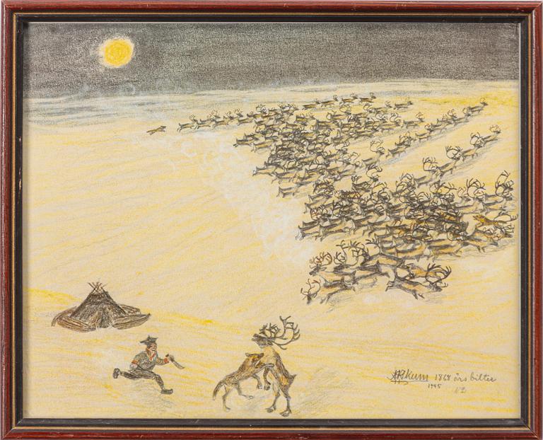 Nils Nilsson Skum, Reindeer on the mountain with a wolf attacking a reindeer.