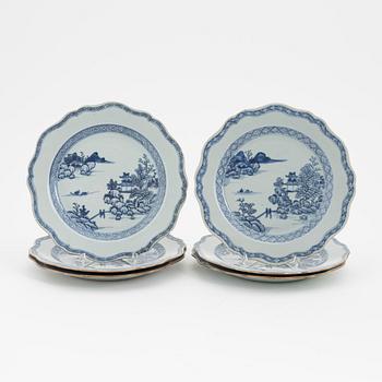 A set of six Chinese blue and white plates, export porcelain, Qing dynasty, Qianlong (1736-95).