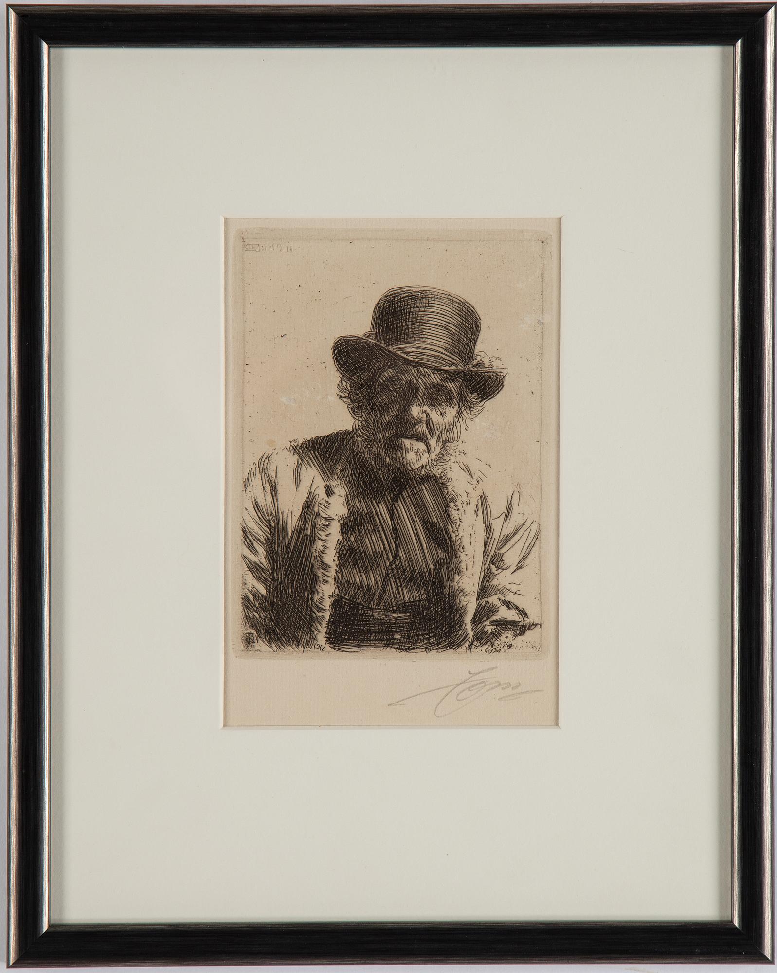 ANDERS ZORN, etsning, 1911, signerad Zorn med blyerts. "Kyrkstöt".