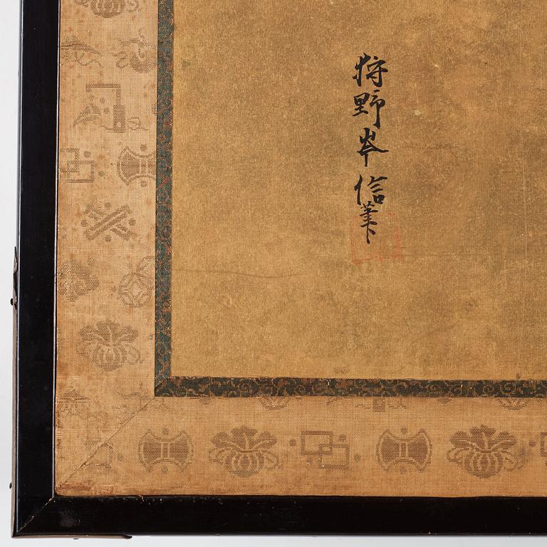 A Japanese six fold screen, Edo. Signed.