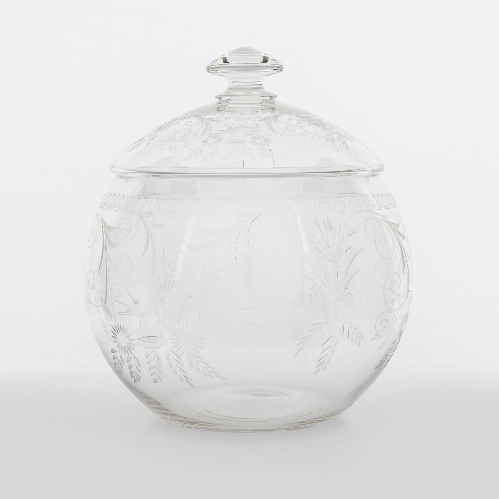 A punch bowl and mugs, glass, mid 20th century.