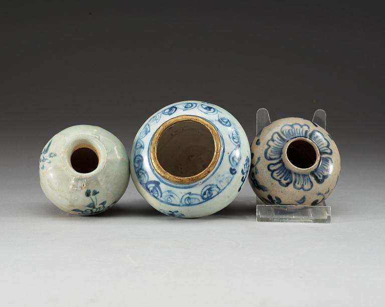 Three blue and white jars, Yuan/Ming dynasty.