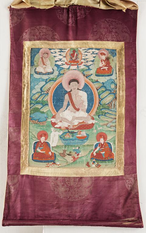 THANGKA, Tibet omkring 1900. Porträtt avbildande Milarepa.