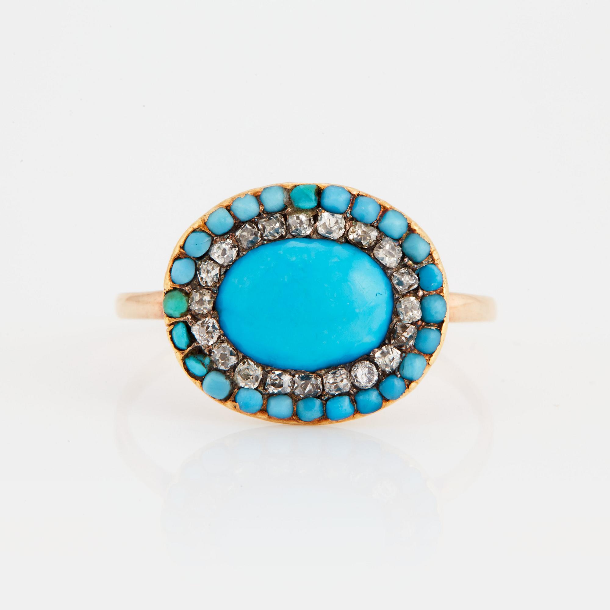 Ring med turkoser och gammalslipade diamanter.