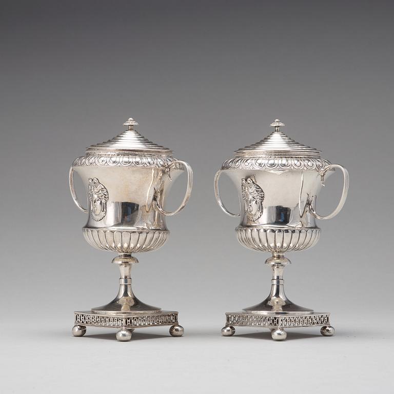 A pair of Swedish late 18th century silver sugar bowls and covers, mark of Pehr Zethelius, Stockholm 1799.