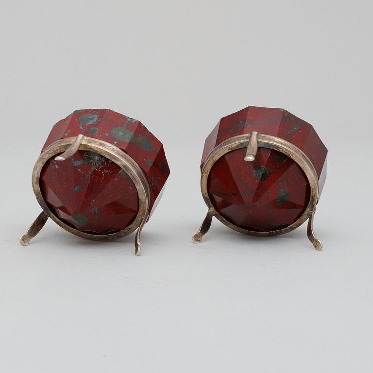 A pair of Swedish early 19th century iron-silicon salts. Silver stands with maker's mark J. H. Leffler, Falun 1817.