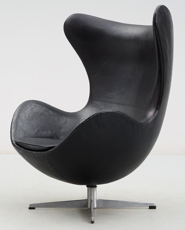 An Arne Jacobsen black leather and steel 'Egg Chair', Fritz Hansen, Denmark 1960's.