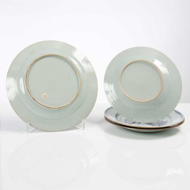 A set of one Chinese blue and white export porcelain dish and three plates, Qing dynasty, Qianlong (1736-95).