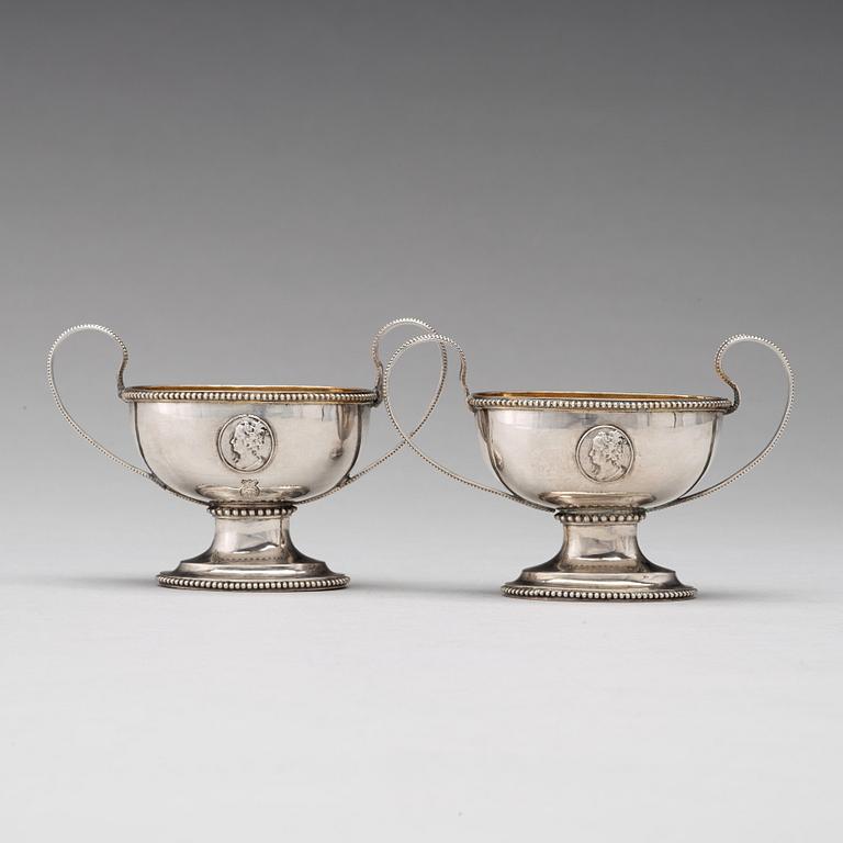 A pair of Swedish 18th century parcel-gilt silver salt-cellars, mark of Anders Schotte, Uddevalla, 1793.