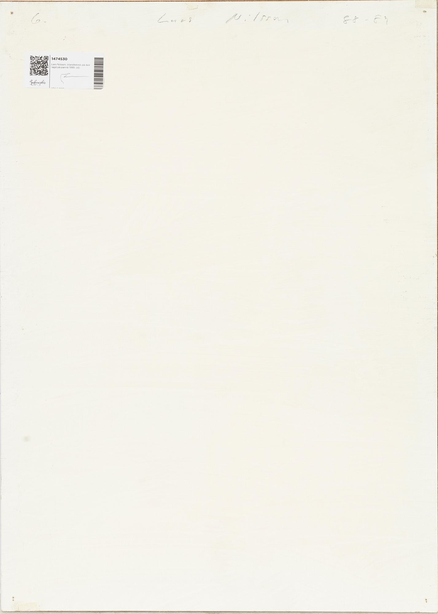 Lars Nilsson, blandteknik på duk/pannå, signerad och daterad 88-89 a tergo.