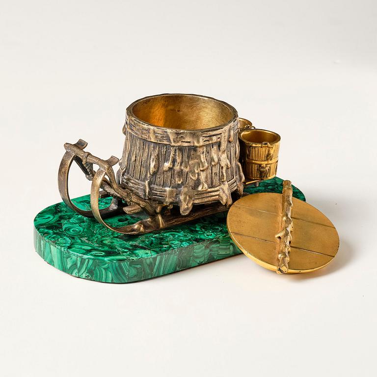 A Russian Alexander II malachite-veneered, silvered and gilt bronze inkwell, later part 19th century.