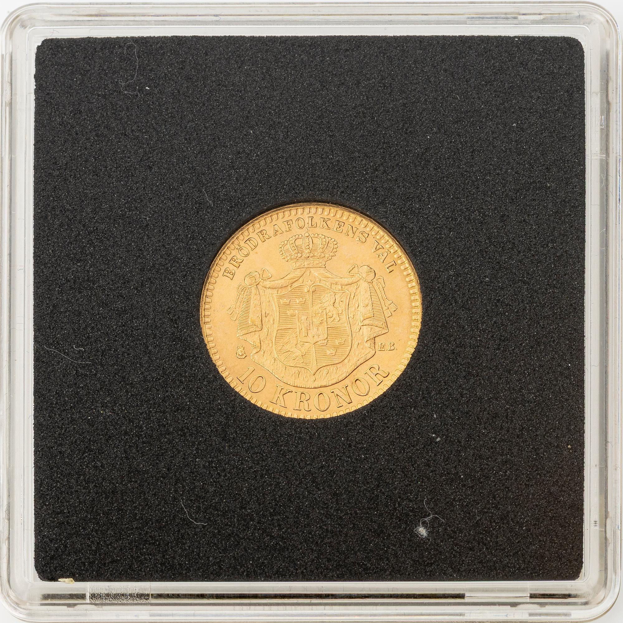 Guldmynt, Oscar II, 10 kronor, typ III, Sverige 1901.