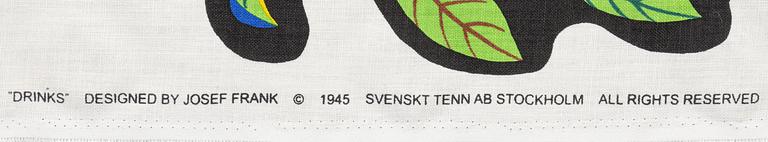 Josef Frank, a "Drinks" fabric", Firma Svenskt Tenn, Sweden.