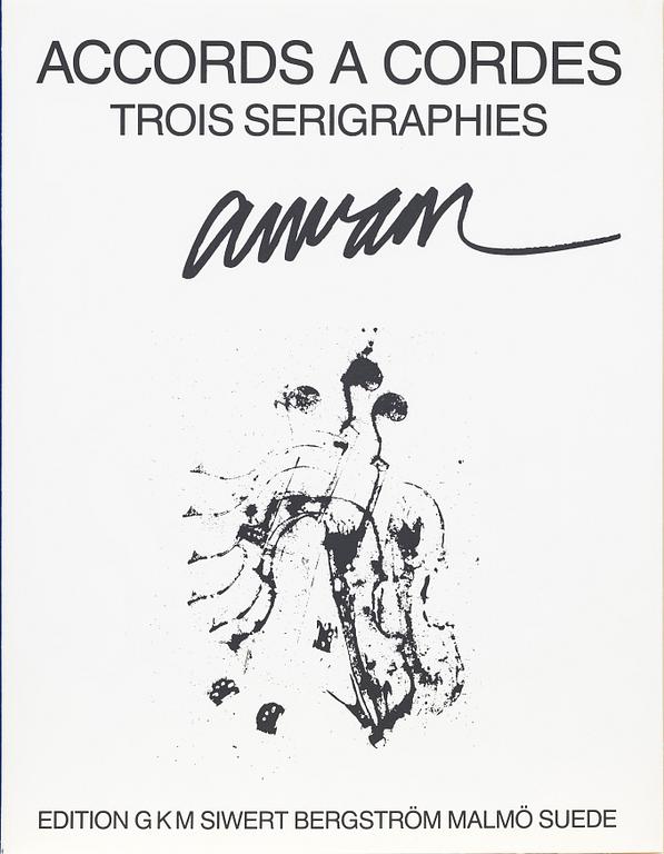 Arman (Armand Pierre Fernandez), Mapp, 2 av 3 blad, "Accords A Cordes" Trois Serigraphies Arman.