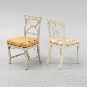 Six Gustavian chairs, different models, from Lindome, Sweden, around 1800.