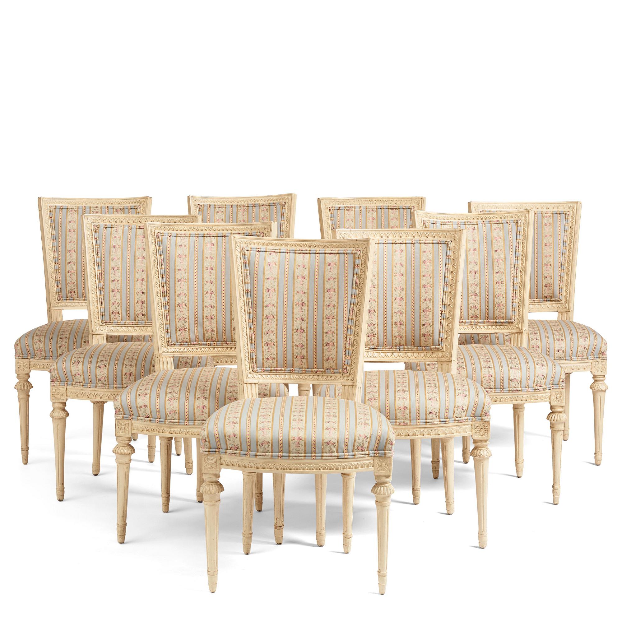 A set of nine Gustavian chairs by A Hellman (master in Stockholm 1761-94) and E Ståhl (master in Stockholm 1794-1820).