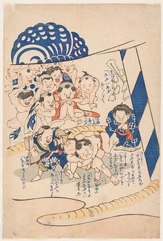 YOSHIIKU (1833-1904), color woodblock print. Japan, 1850s. 'Childrens Sumo '.