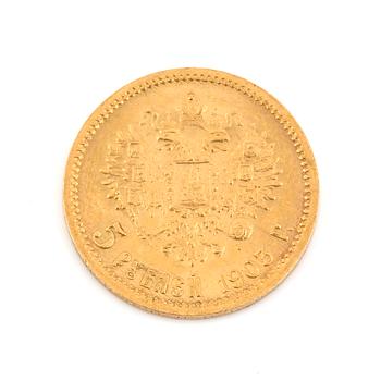 GULDMYNT, 5 Rubel, Nikolaj II, Ryssland 1903. Vikt ca 3 gram.