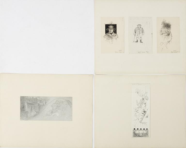 Carl Larsson,  4 drawings, signed C.L, Indian ink and hightening white, 1 drawing on scraperboard.