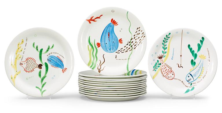 A Stig Lindberg set of 14 'Löja' plates, Gustavsberg 1948-62.