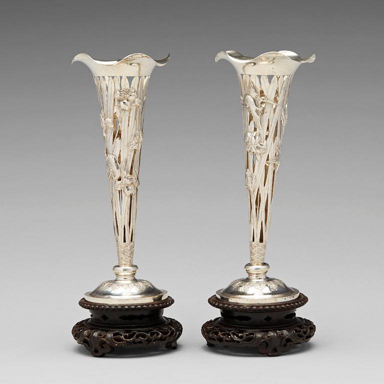 A pair of export silver vases by Luen Wo, Shanghai, early 20th Century.