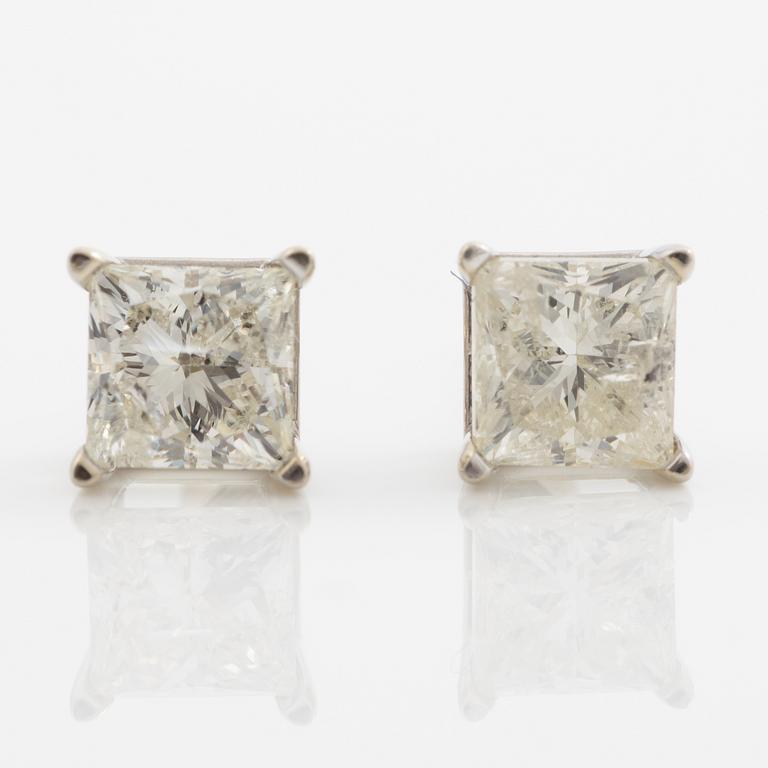 Earrings. a pair, 14K white gold with princess-cut diamonds.