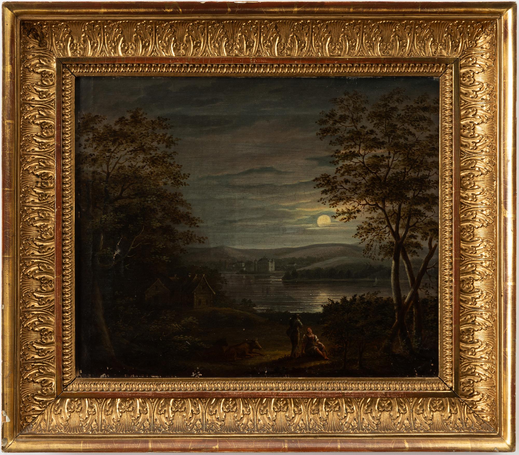 Carl Johan Fahlcrantz, attributed to, Moonlit landscape with figures and a castle.