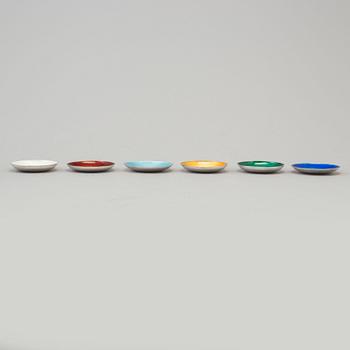 EGON LAURIDSEN, six sterling silver and enamel dishes, Denmark.