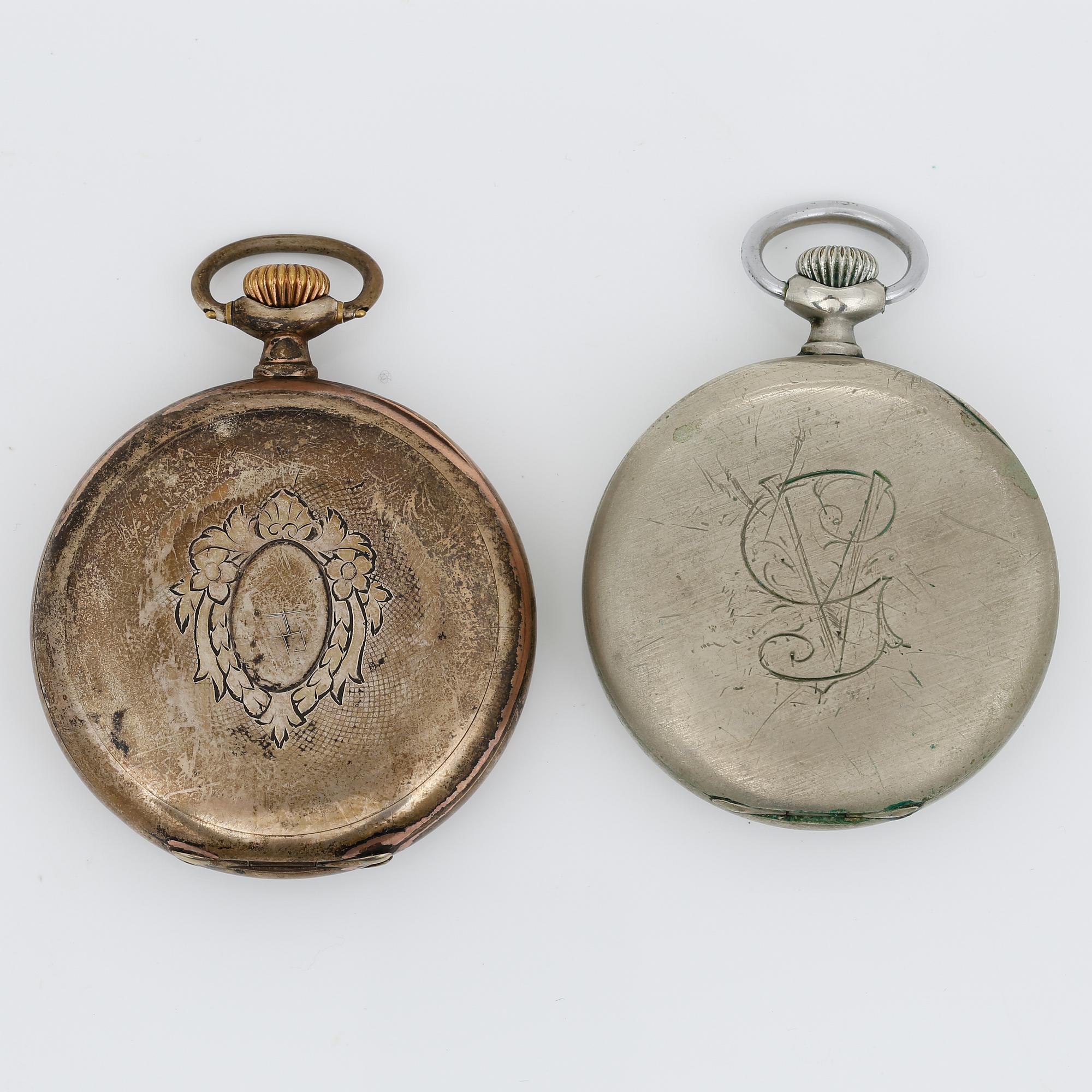 FICKUR, 2 st, silver samt nysilver, Omega, tidigt 1900-tal.