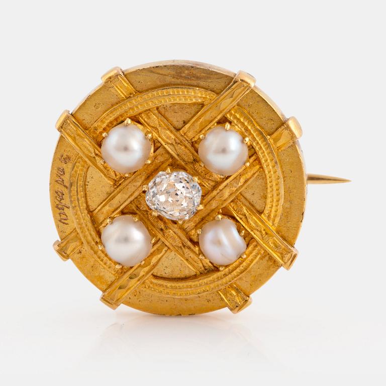 An 18K gold brooch set with an old-cut diamond and four half pearls, possibly A Tillander.