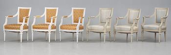 Six matched Gustavian late 18th century armchairs.